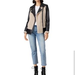 Slate & Willow Faux Sherpa Leather Aviator Moto Jacket - Cream/Black - Medium